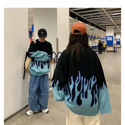Hip Hop Mens Streetwear Harajuku Knitted Sweater Blue Fire Flame 2025 Autumn Sweater Pullover Loose HipHop Retro Vintage