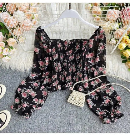 Blouse Women Autumn Retro Sexy Square-Neck Chiffon Shirt Long Sleeve Women's High Waist Short Blusas Ropa De Mujer