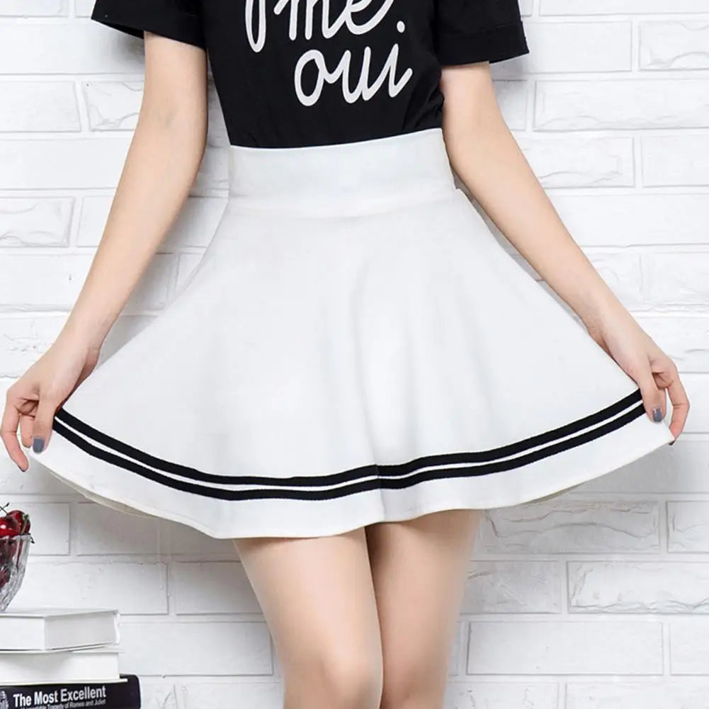 Women Skirt Solid Color Sexy High Waist Stripe Midi Pleated Skirts Girls Black White A Line Mini School Skirt Uniform Large Size