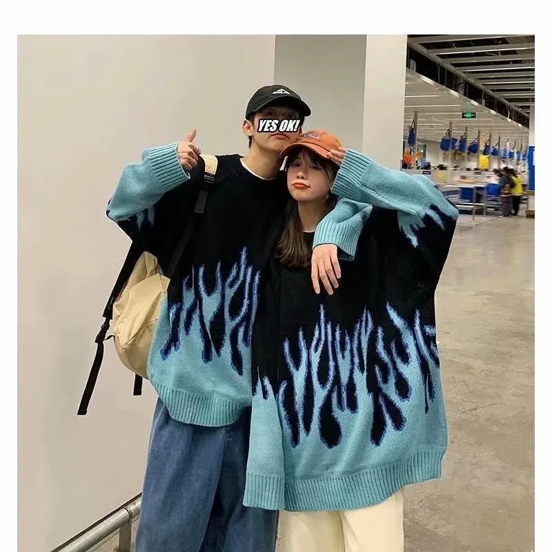 Hip Hop Mens Streetwear Harajuku Knitted Sweater Blue Fire Flame 2025 Autumn Sweater Pullover Loose HipHop Retro Vintage