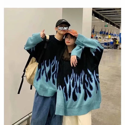 Hip Hop Mens Streetwear Harajuku Knitted Sweater Blue Fire Flame 2025 Autumn Sweater Pullover Loose HipHop Retro Vintage