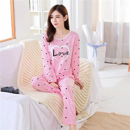 Spring Thin 2pieces Pajamas Set Women Tops 2025 Cotton Round Neck Girls Pajamas Sets Teacup Cat Sleepwear Clothes Pajamas