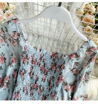 Blouse Women Autumn Retro Sexy Square-Neck Chiffon Shirt Long Sleeve Women's High Waist Short Blusas Ropa De Mujer