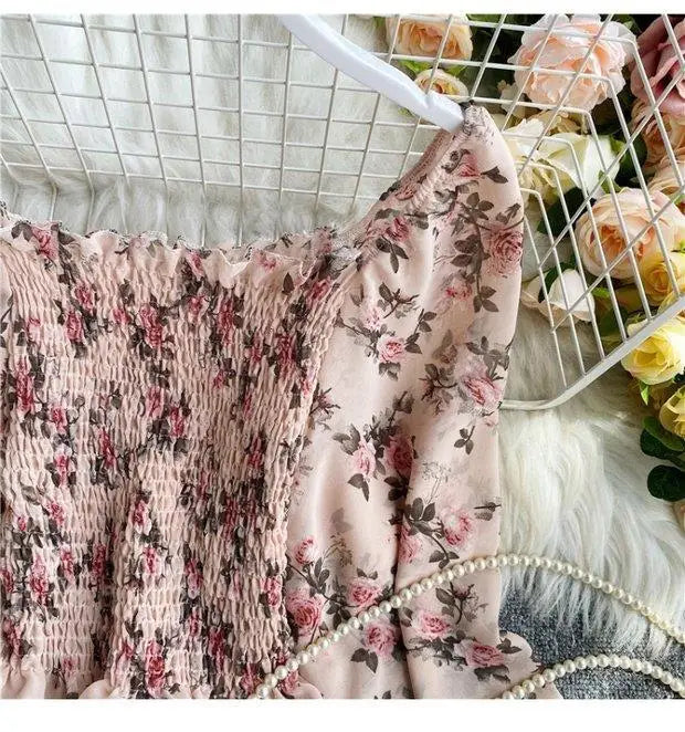 Blouse Women Autumn Retro Sexy Square-Neck Chiffon Shirt Long Sleeve Women's High Waist Short Blusas Ropa De Mujer