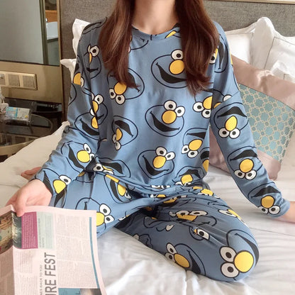 Spring Thin 2pieces Pajamas Set Women Tops 2025 Cotton Round Neck Girls Pajamas Sets Teacup Cat Sleepwear Clothes Pajamas