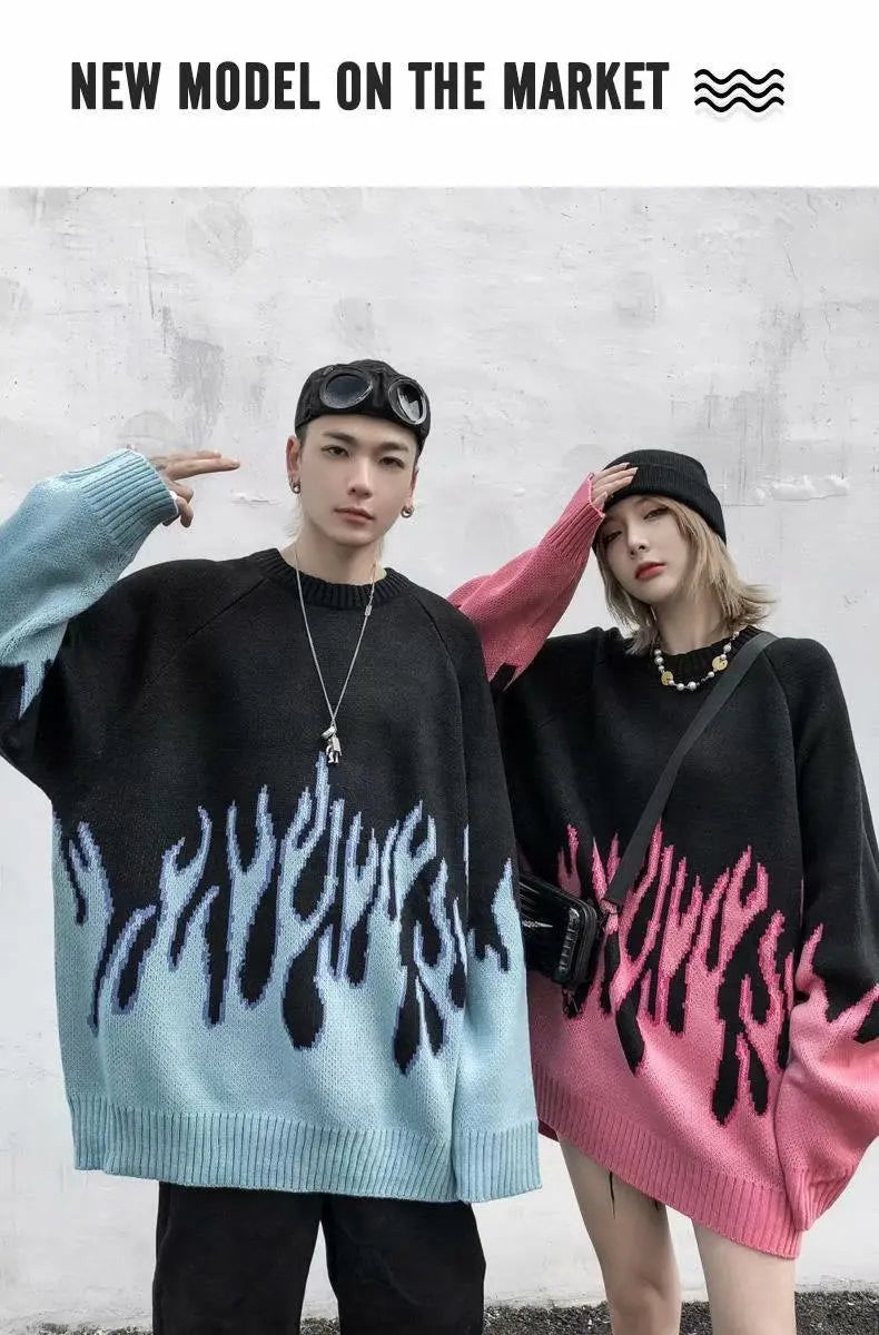Hip Hop Mens Streetwear Harajuku Knitted Sweater Blue Fire Flame 2025 Autumn Sweater Pullover Loose HipHop Retro Vintage