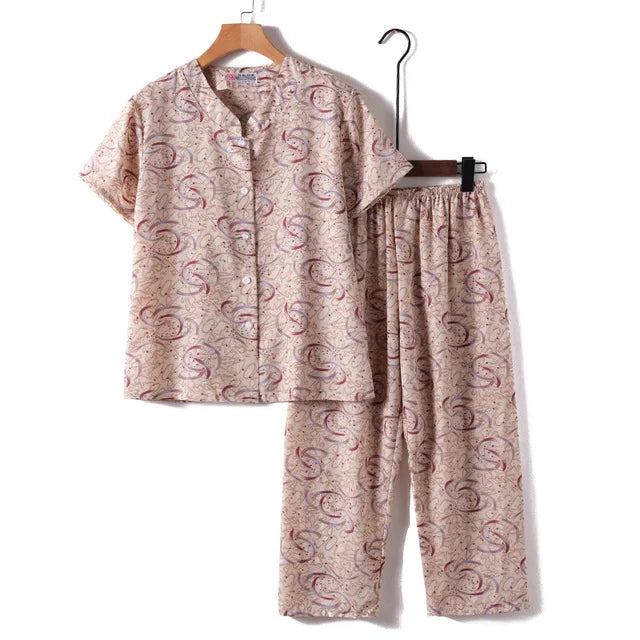 Novelty Sleepwear Women Pajamas Set Night Suit For Mother & Grandma Pajamas Summer Pajama Femme Printing Cardigan Home Clothes