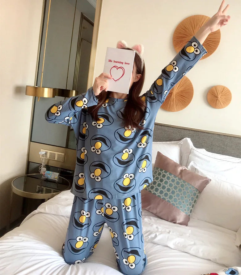 Spring Thin 2pieces Pajamas Set Women Tops 2025 Cotton Round Neck Girls Pajamas Sets Teacup Cat Sleepwear Clothes Pajamas