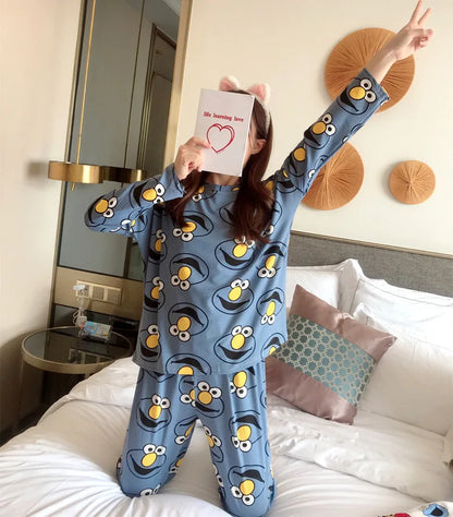 Spring Thin 2pieces Pajamas Set Women Tops 2025 Cotton Round Neck Girls Pajamas Sets Teacup Cat Sleepwear Clothes Pajamas