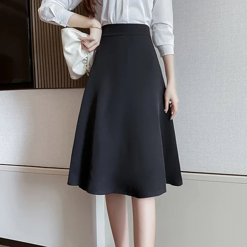 Women Skirts High Waist Knee-length A-line Black Skirt Casual All-match Elegant Ladies Gentle Ulzzang Trendy Solid Streetwear OL