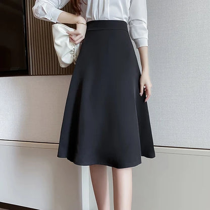 Women Skirts High Waist Knee-length A-line Black Skirt Casual All-match Elegant Ladies Gentle Ulzzang Trendy Solid Streetwear OL