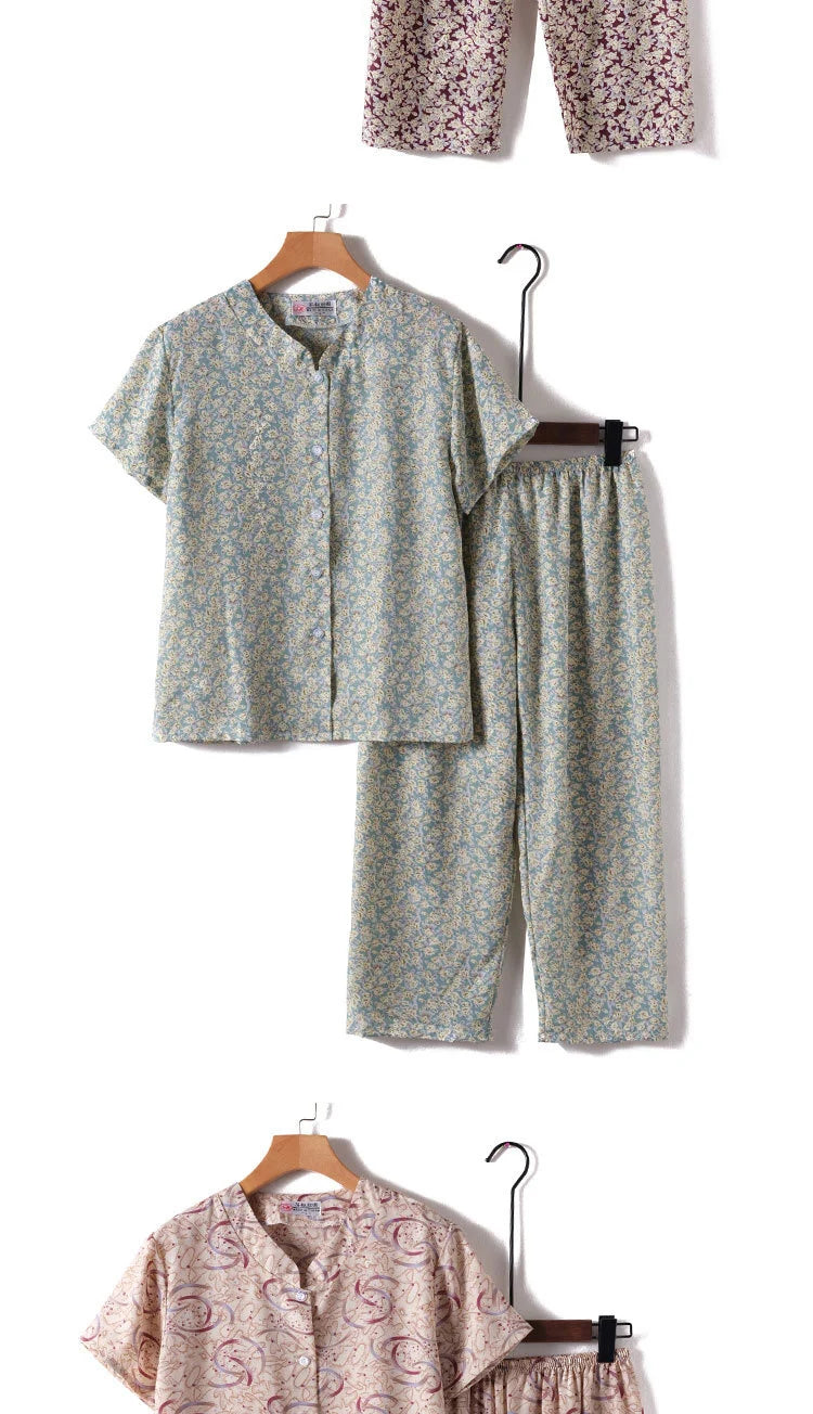 Novelty Sleepwear Women Pajamas Set Night Suit For Mother & Grandma Pajamas Summer Pajama Femme Printing Cardigan Home Clothes