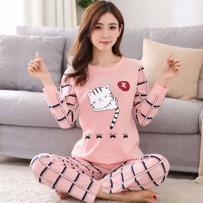Autumn Thin 2pieces Pyjamas Set Women 2025 Cotton Round Neck Girls Bear Pajamas Sets Teacup Cat Full Sleepwear Tops Pajama Mujer