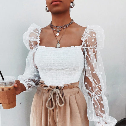 Summer Polka Dot Vintage New Women Shirts Puff Sleeve Square Sexy Square Neck Slim See-through Blouse Crop Top Clubwear