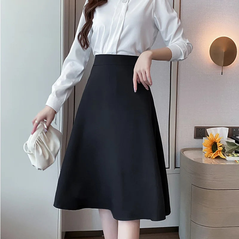 Women Skirts High Waist Knee-length A-line Black Skirt Casual All-match Elegant Ladies Gentle Ulzzang Trendy Solid Streetwear OL