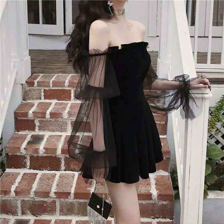 New 2025 Black Retro Dress Women Lace Chiffon Mini Dress Female High Street Sexy Korean Fashion Dress Women Club Dress