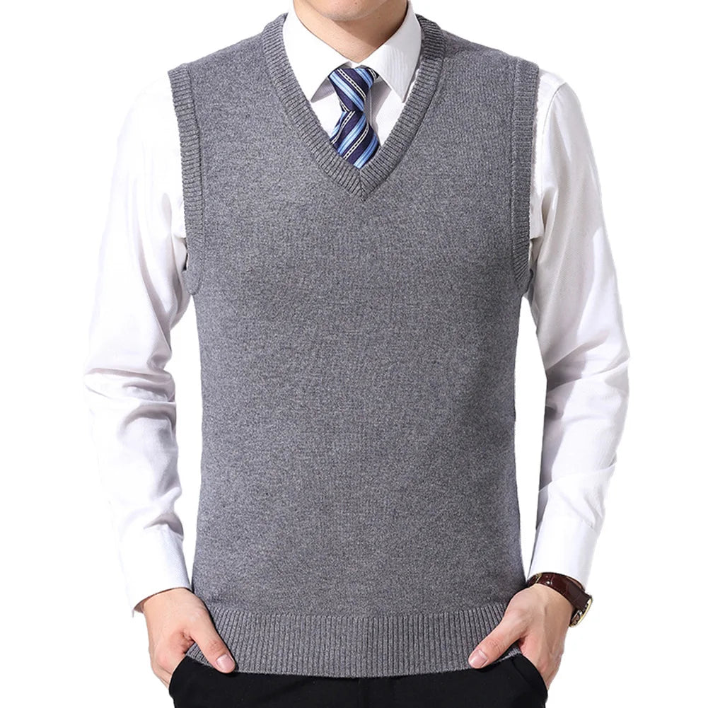 HOT SALES! Men Casual Winter Solid Color V Neck Sleeveless Knitted Woolen Plus Size Vest Knitted Woolen Vest Men Suit Vest