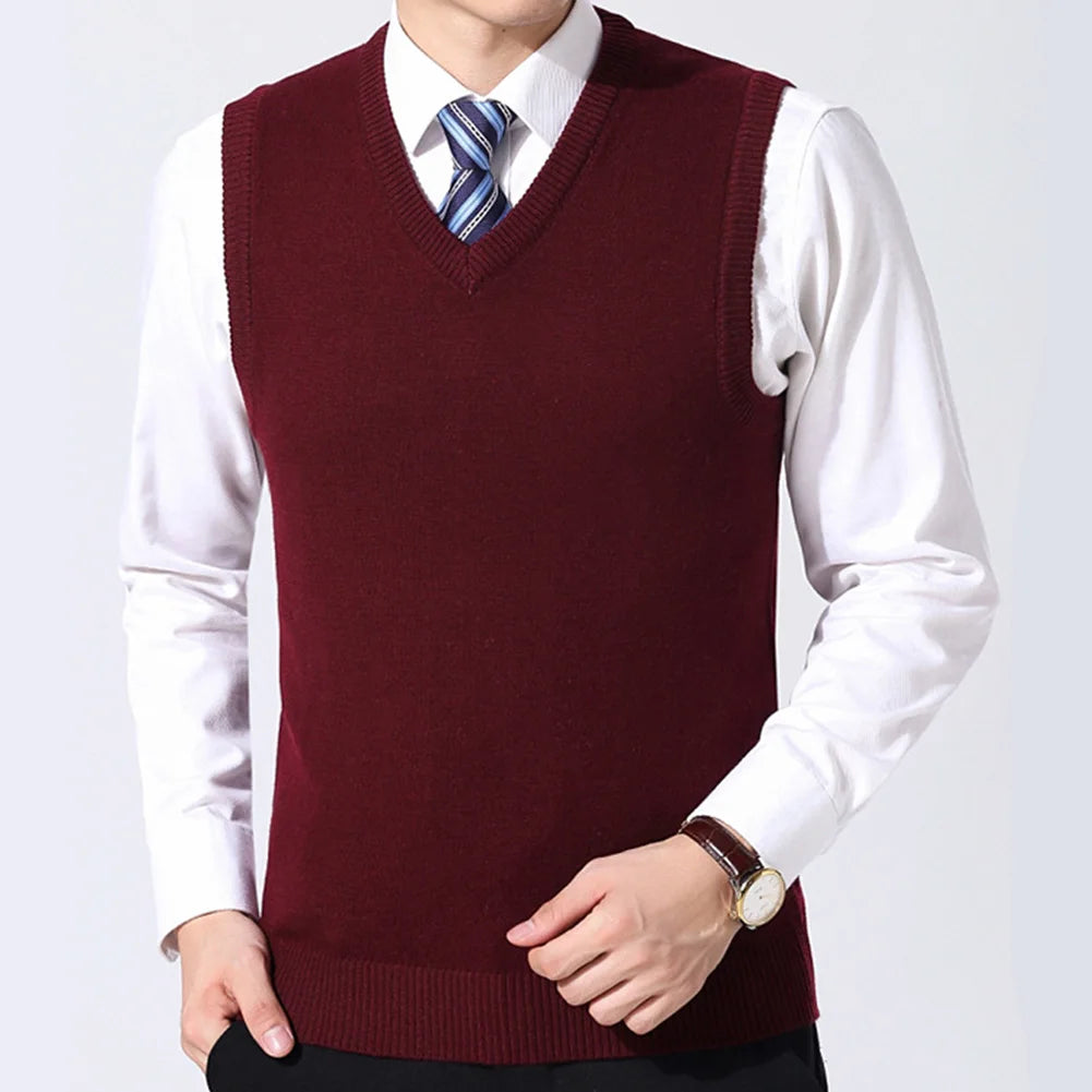 HOT SALES! Men Casual Winter Solid Color V Neck Sleeveless Knitted Woolen Plus Size Vest Knitted Woolen Vest Men Suit Vest