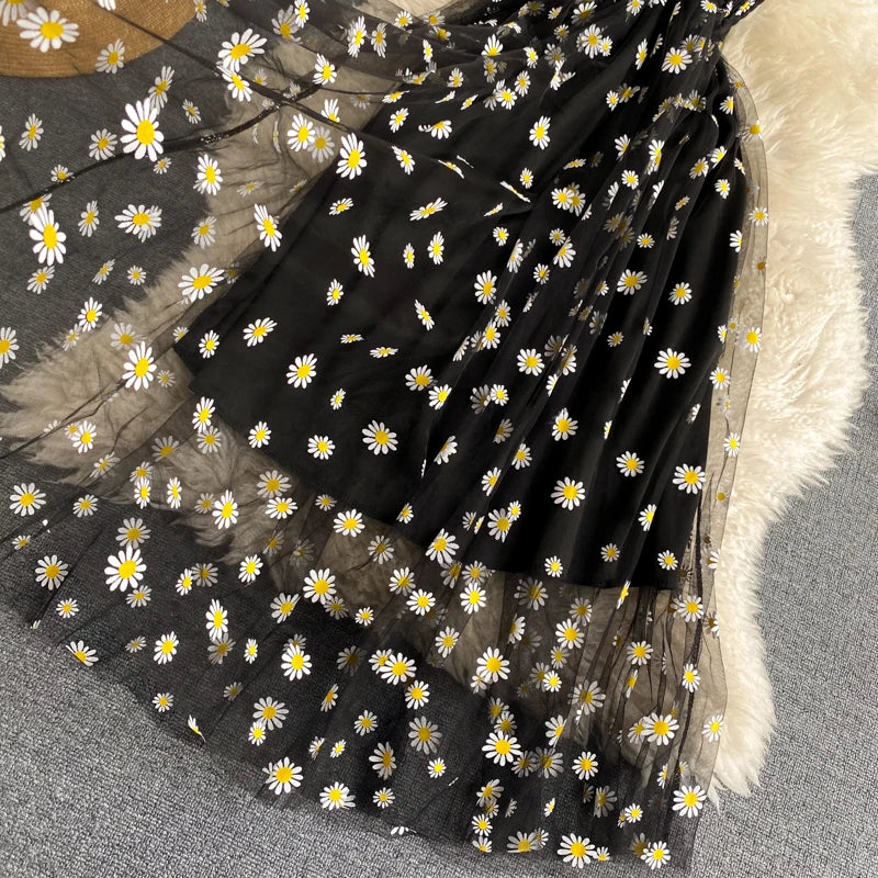 YuooMuoo Korean Fashion Daisy Flower Print Mesh Party Dress Summer Two Layers Spaghetti Strap Vacation Midi Dress Beach Vespids