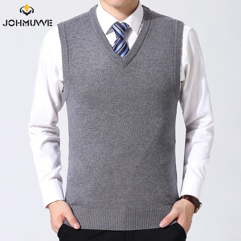 JOHMUVVE  New Men V-neck Vest Trend Retro Solid Color Vest All-match Casual Business Work Woolen Knit Vest Men Autumn