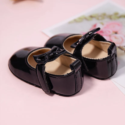 Newborn Baby Shoes Baby Boy Girl Shoes Girl Classic Bowknot Rubber Sole Anti-slip PU Dress Shoes First Walker Toddler Crib Shoes