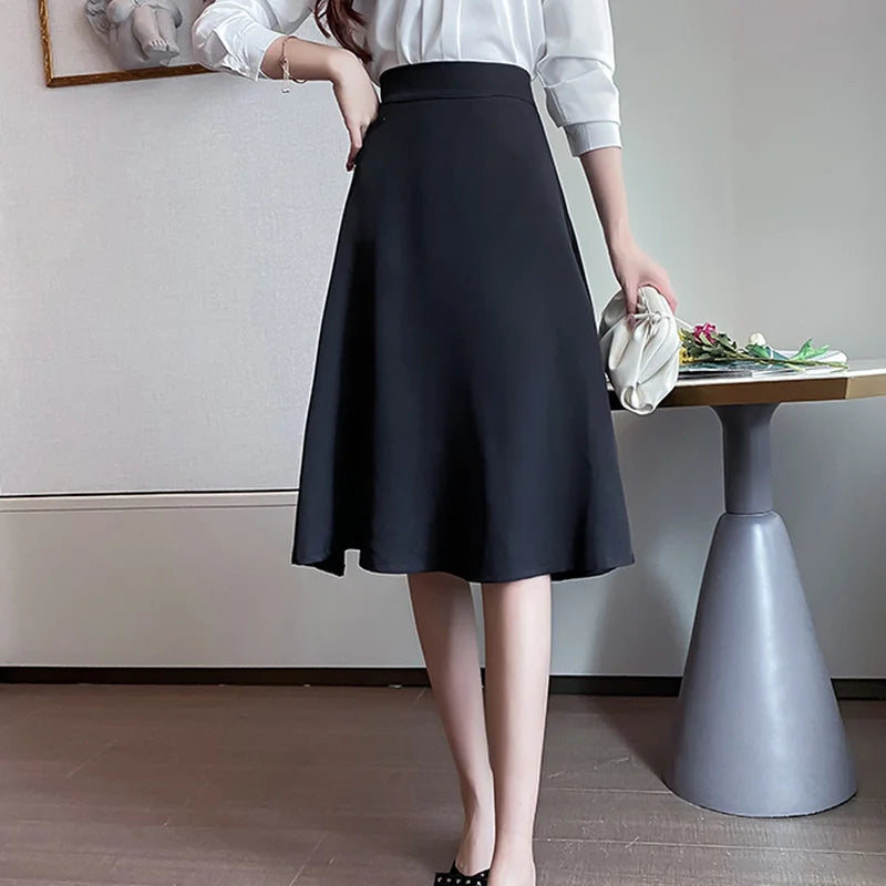 Women Skirts High Waist Knee-length A-line Black Skirt Casual All-match Elegant Ladies Gentle Ulzzang Trendy Solid Streetwear OL