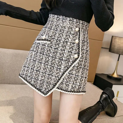 Tweed Skirts for Women Solid High Waist Slimming Skirts Autumn Spring 2025 Buttons Double Breasted Tweed Wool Mini Skirt