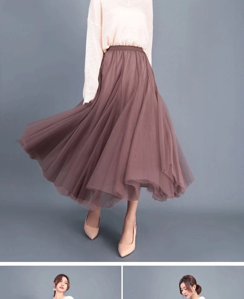 OHRYIYIE Beige Maxi Long Skirt Spring Autumn Women's 2025 New Summer Tulle Skirt Party Mesh A-line Skirts Female Juppe Longue