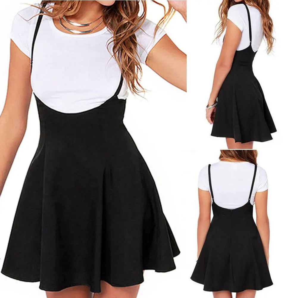 Plus Size 2XL Mini Skirt Women Black High Waist Solid Stretch Skirts Women's Preppy Flared Skater Swing Short Suspender Skirts