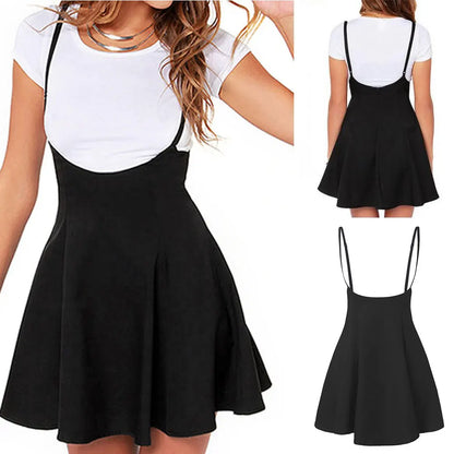 Plus Size 2XL Mini Skirt Women Black High Waist Solid Stretch Skirts Women's Preppy Flared Skater Swing Short Suspender Skirts