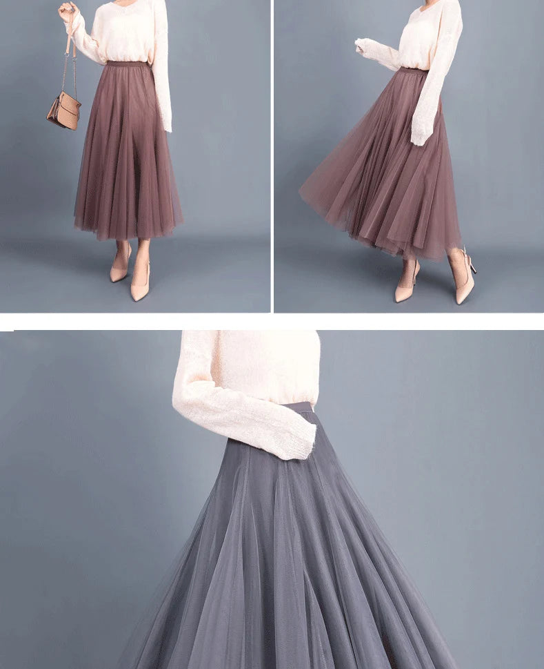 OHRYIYIE Beige Maxi Long Skirt Spring Autumn Women's 2025 New Summer Tulle Skirt Party Mesh A-line Skirts Female Juppe Longue