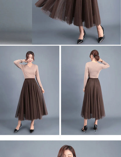 OHRYIYIE Beige Maxi Long Skirt Spring Autumn Women's 2025 New Summer Tulle Skirt Party Mesh A-line Skirts Female Juppe Longue