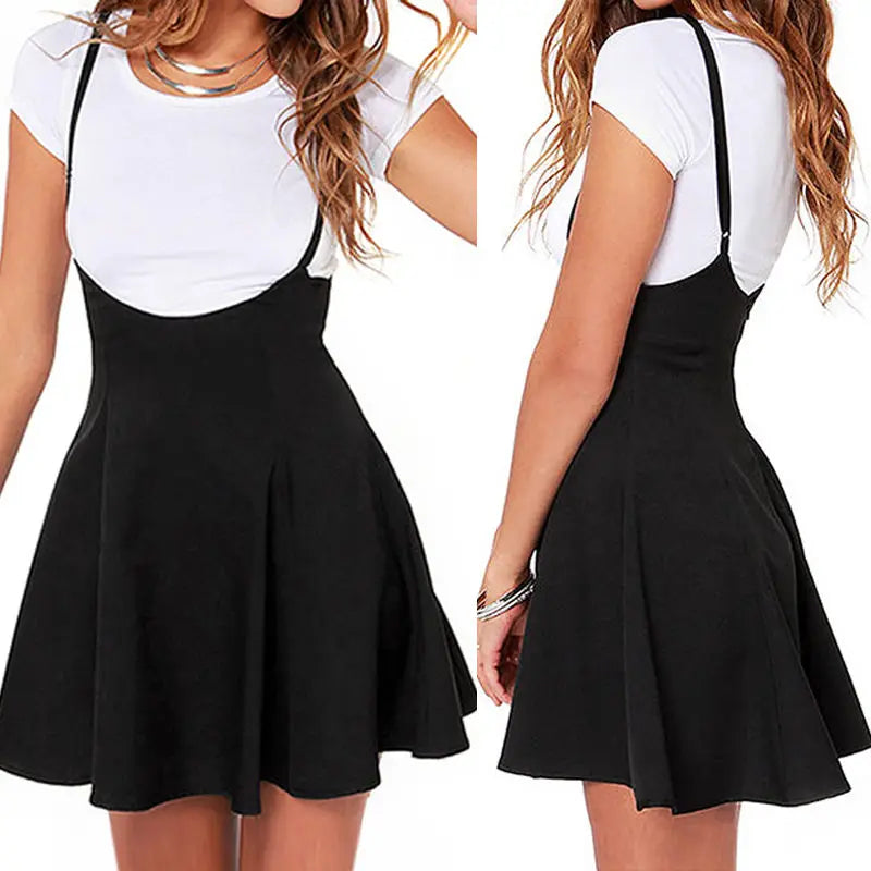 Plus Size 2XL Mini Skirt Women Black High Waist Solid Stretch Skirts Women's Preppy Flared Skater Swing Short Suspender Skirts