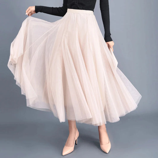 OHRYIYIE Beige Maxi Long Skirt Spring Autumn Women's 2025 New Summer Tulle Skirt Party Mesh A-line Skirts Female Juppe Longue