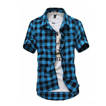 Red And Black Plaid Shirt Men Shirts 2025 New Summer Fashion Chemise Homme Men's Checkered Shirts Short Sleeve Shirt Men