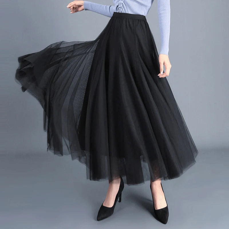OHRYIYIE Beige Maxi Long Skirt Spring Autumn Women's 2025 New Summer Tulle Skirt Party Mesh A-line Skirts Female Juppe Longue
