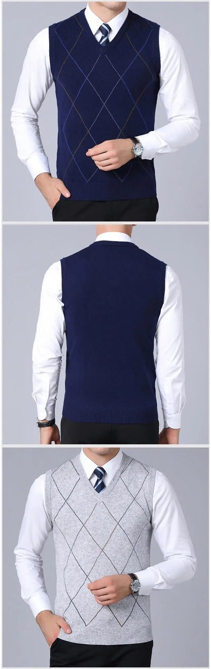 2025 New Fashion Brand Sweater For Men's Pullover Vest Slim Fit Jumpers Knitwear Plaid Autumn Korean Style Casual Men Clothes