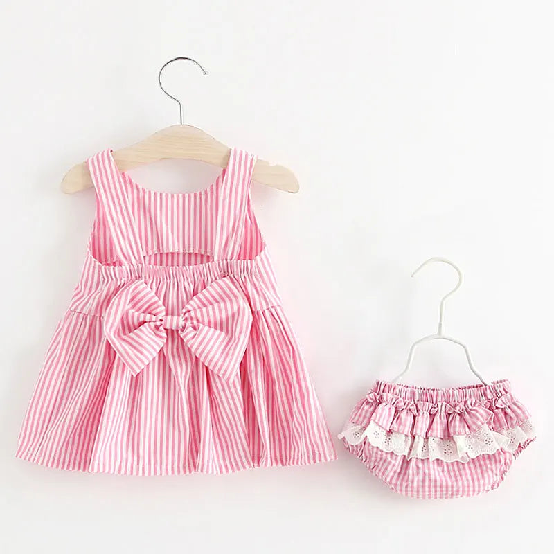 2025 Girls Cute Summer Sleeveless Dress Girl 2Pieces Sets Short Pants + Dress Set Stripe Patten for Baby 6-24M