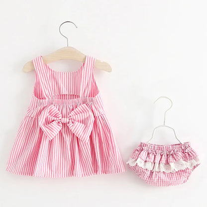 2025 Girls Cute Summer Sleeveless Dress Girl 2Pieces Sets Short Pants + Dress Set Stripe Patten for Baby 6-24M