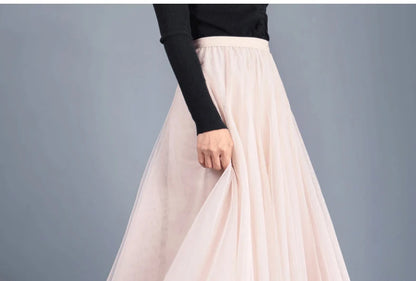 OHRYIYIE Beige Maxi Long Skirt Spring Autumn Women's 2025 New Summer Tulle Skirt Party Mesh A-line Skirts Female Juppe Longue
