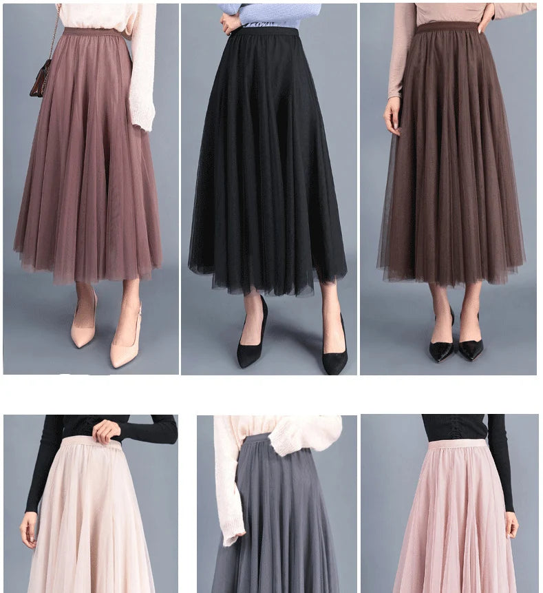 OHRYIYIE Beige Maxi Long Skirt Spring Autumn Women's 2025 New Summer Tulle Skirt Party Mesh A-line Skirts Female Juppe Longue
