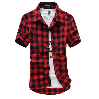 Red And Black Plaid Shirt Men Shirts 2025 New Summer Fashion Chemise Homme Men's Checkered Shirts Short Sleeve Shirt Men