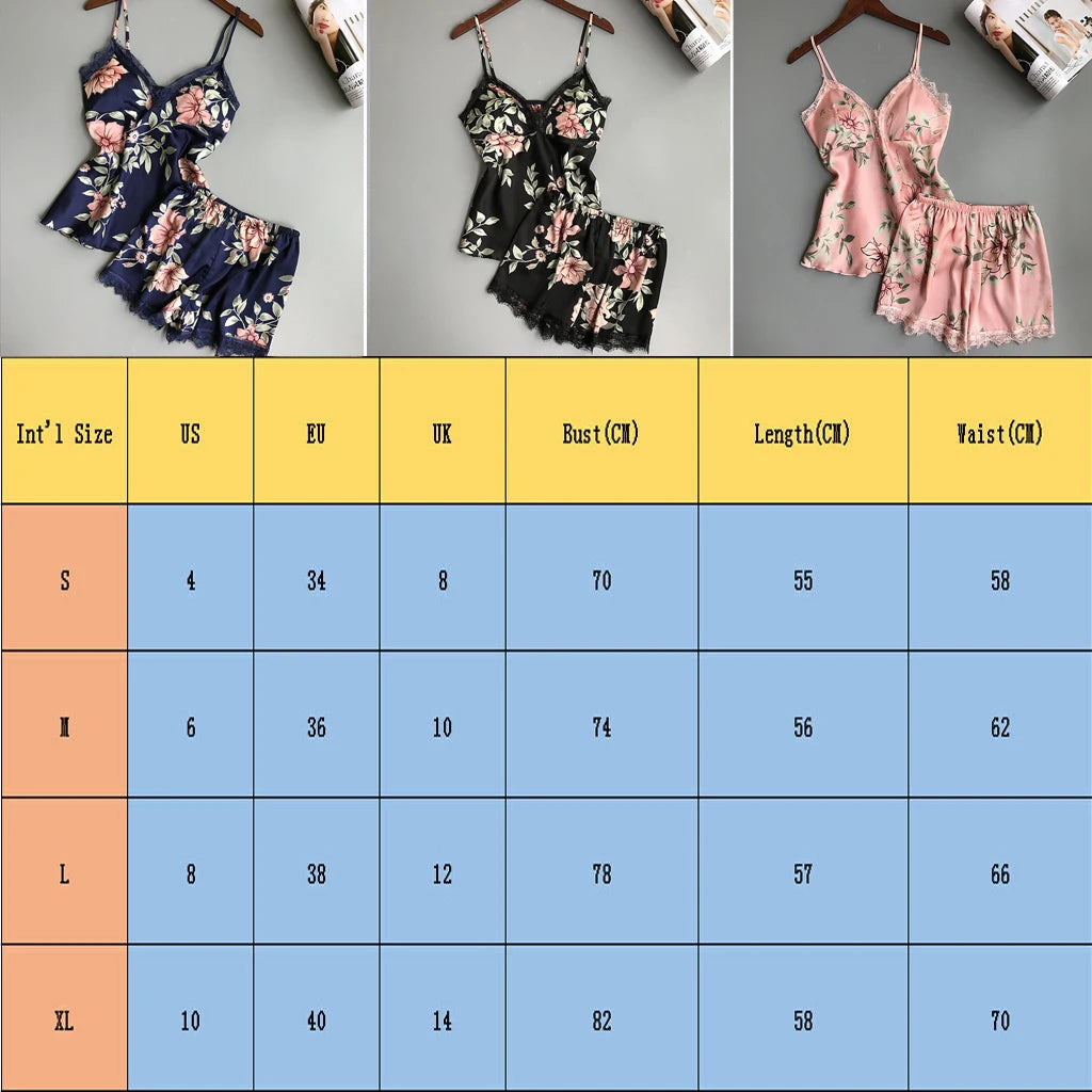 2pcs Floral Lingerie Set Women's Silk Satin Lace Vest Shorts Sleepwear Baby doll Lingerie Nightdress Pajamas Set