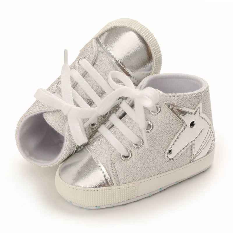 Cute 0-18M Spring Newborn Silver Baby Shoes Non Slip Cloth Bottom Girl Shoes Elegant Breathable Casual Baby First Walking Shoes