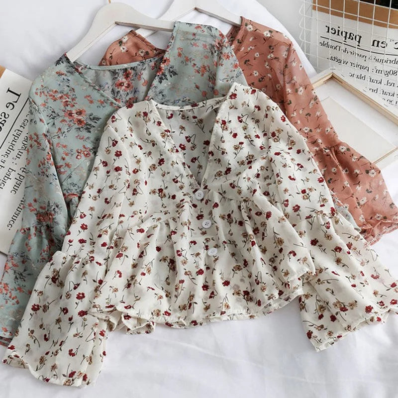Chiffon Floral Blouses For Women Soft Retro Chic Ladies Shirts  Temperament Fresh Popular Trendy Ulzzang Button Femme Clothing