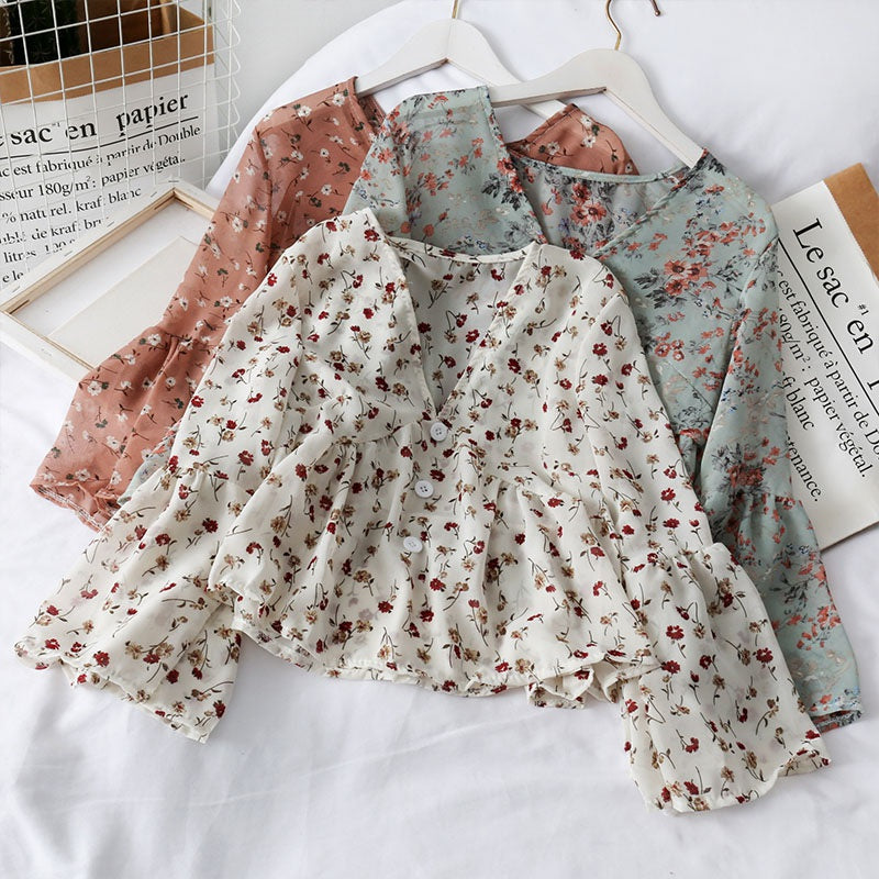 Chiffon Floral Blouses For Women Soft Retro Chic Ladies Shirts  Temperament Fresh Popular Trendy Ulzzang Button Femme Clothing