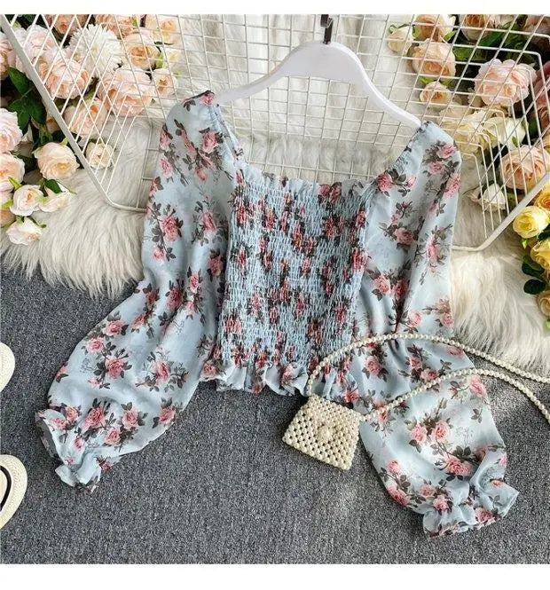 Blouse Women Autumn Retro Sexy Square-Neck Chiffon Shirt Long Sleeve Women's High Waist Short Blusas Ropa De Mujer