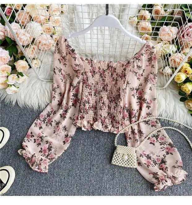 Blouse Women Autumn Retro Sexy Square-Neck Chiffon Shirt Long Sleeve Women's High Waist Short Blusas Ropa De Mujer