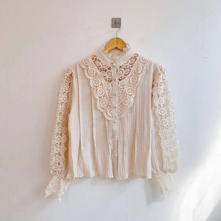 Women Chiffon Button Turtleneck Shirt Chic Elegant Floral Lace Fluffy Long Sleeve Top Fashion Hollow Oversize White Blouse 2025