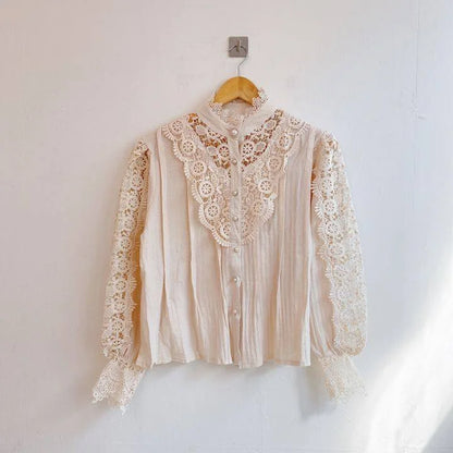 Women Chiffon Button Turtleneck Shirt Chic Elegant Floral Lace Fluffy Long Sleeve Top Fashion Hollow Oversize White Blouse 2025
